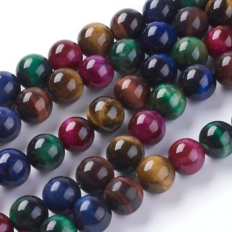 8mm Mixed Tiger Eye, 7.8&quot; Strand, 24 Beads, Round, Natural Dyed Heated, 1mm Hole, Gemstones, Green, Blue, Pink, Golden, 0.63oz