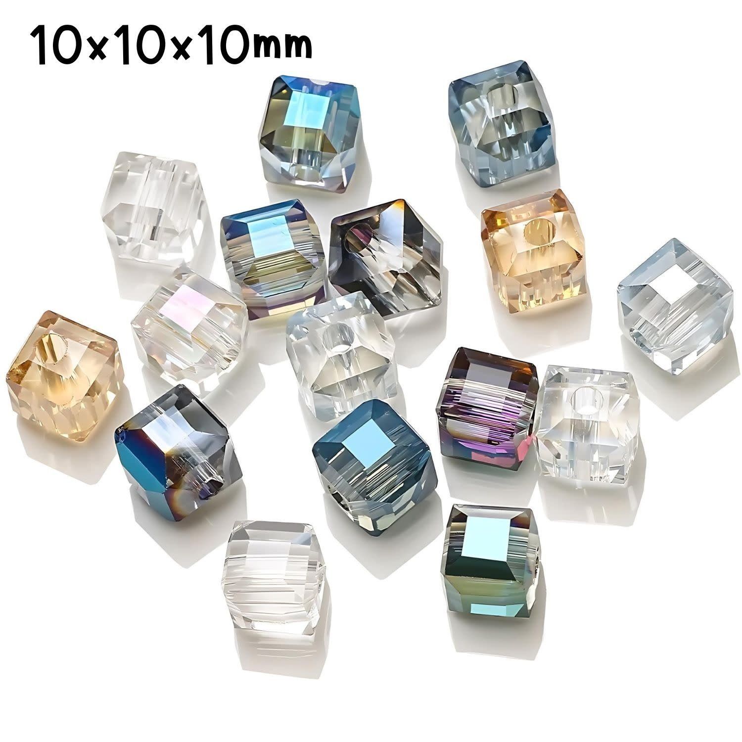 Faceted Cube, Mixed Colors Plated AB, 10x10x10mm, 10pcs, Hole 1mm, Glass Beads, 39Gm/1.38oz