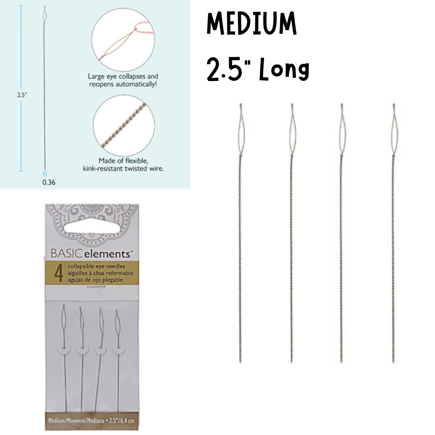 2.5&quot; Medium Collapsible Eye Needles, 0.36mm Diameter, 4Pcs, 2gms/0.07oz