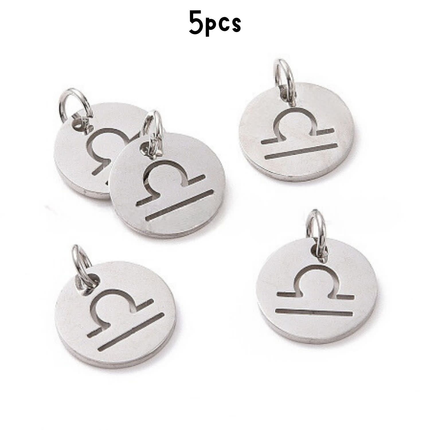 Libra Stainless Steel, 5pcs, 12x1mm, 5x0.8mm Jumprings, 2mm Hole, Zodiac Charms/Pendants, 5gms/0.18oz