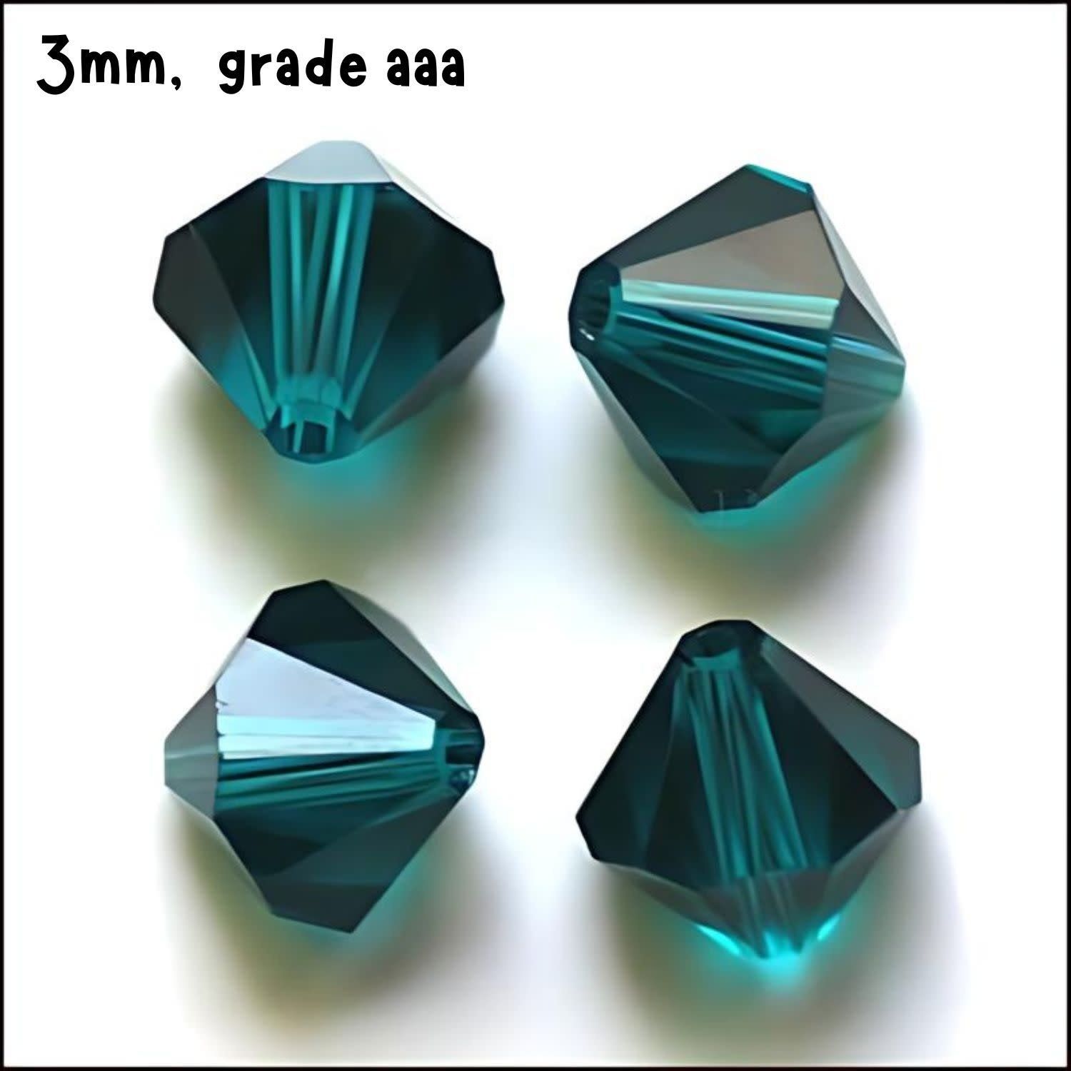 3mm Bicones, Teal, Approx 100pcs, Hole 0.7mm, Grade AAA, Glass Beads, 3gms/0.11oz