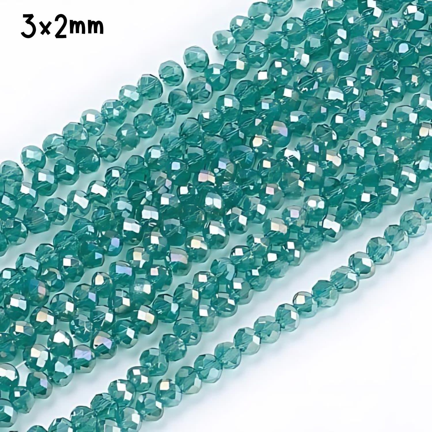 3x2mm Faceted Rondelles, Approx 185pcs, 15&quot; Strand, Transparent Sea Green Half Plated Ab, Hole 0.8mm, Glass Beads, 14gms/0.49oz