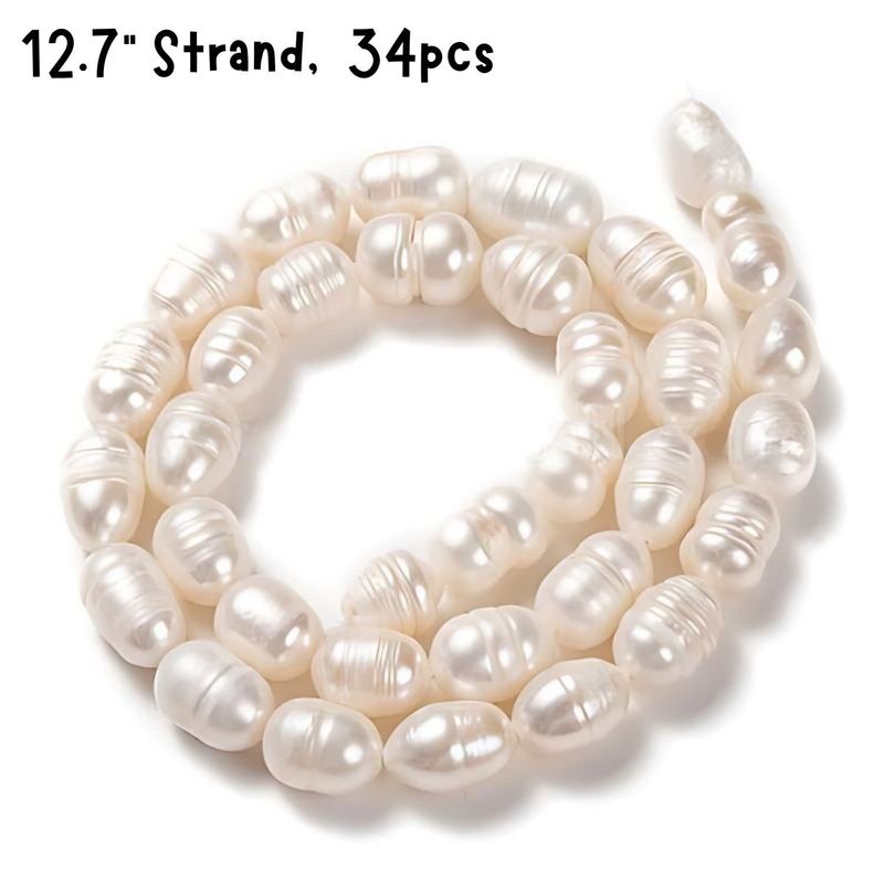 Freshwater Pearls, Rice, Approx 34pcs, 12.7&#39;&#39; Strand, 9~11x7~8mm, Bisque White, Grade B, Hole 0.6mm, 28gms/0.99oz