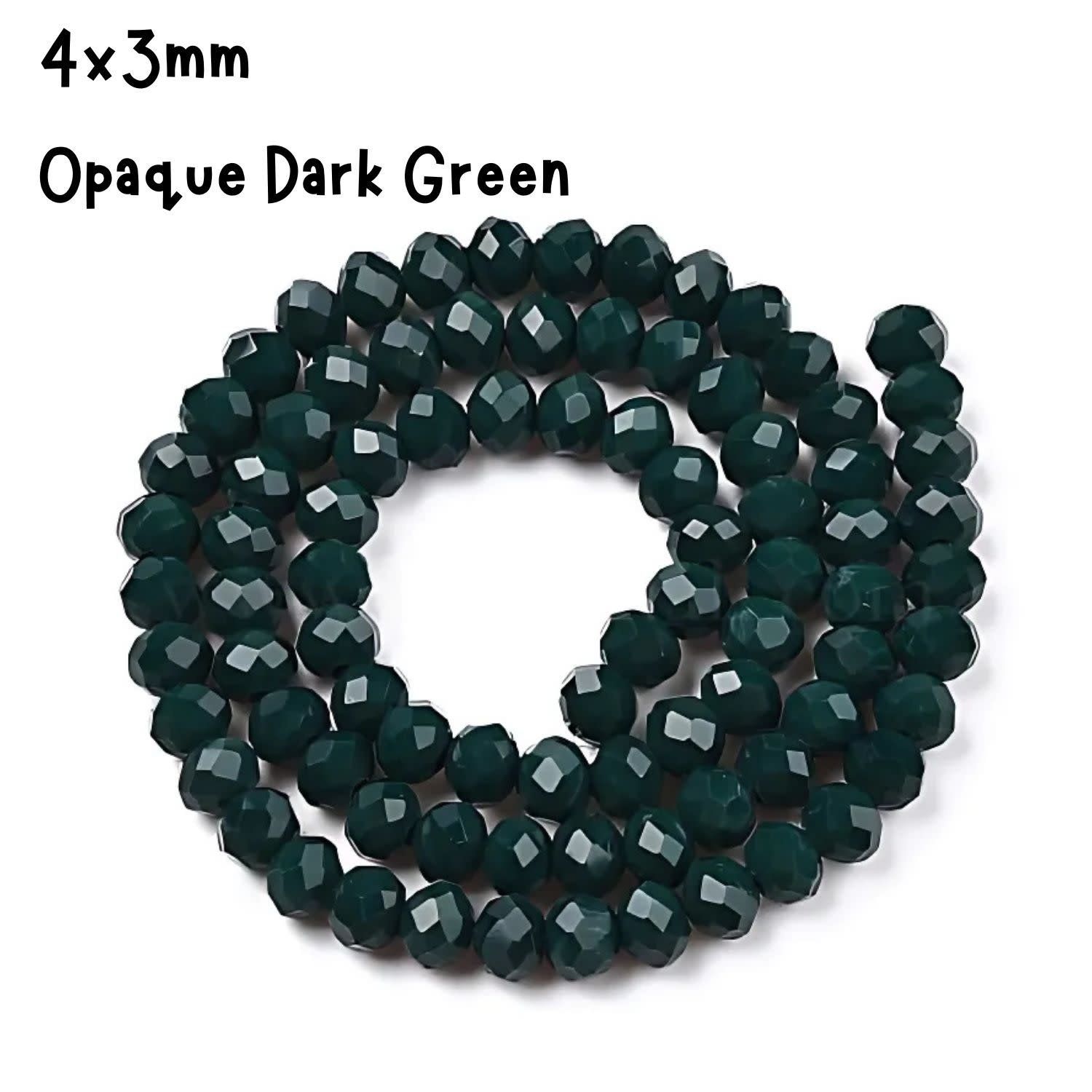 4x3mm Faceted Rondelles, Approx 125pcs, 15&quot; Strand, Opaque Dark Green, Hole 0.5mm,  Glass Beads, 12gms/0.42oz