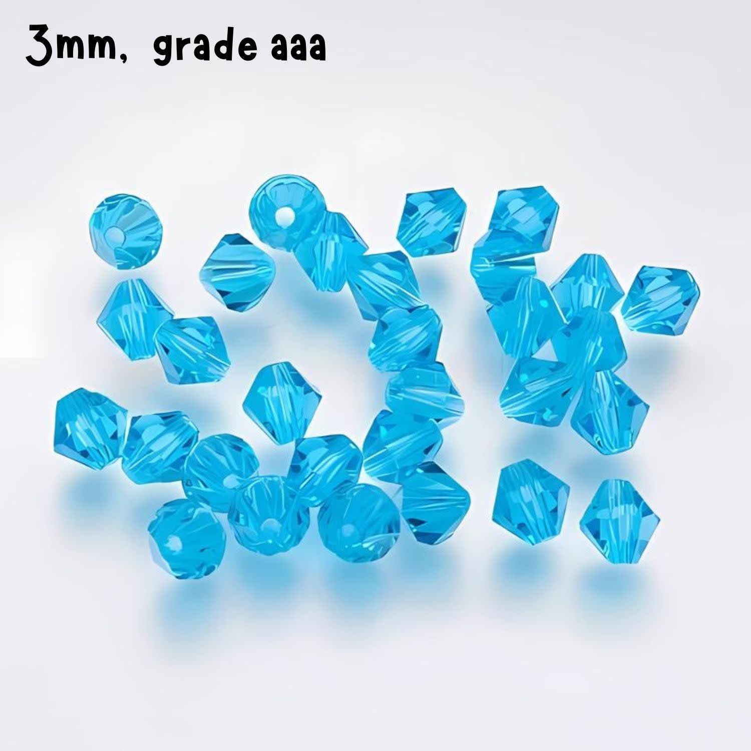 3mm Bicones, Deep Sky Blue, Approx 100pcs, Hole 0.7mm, Grade AAA, Glass Beads, 3gms/0.11oz