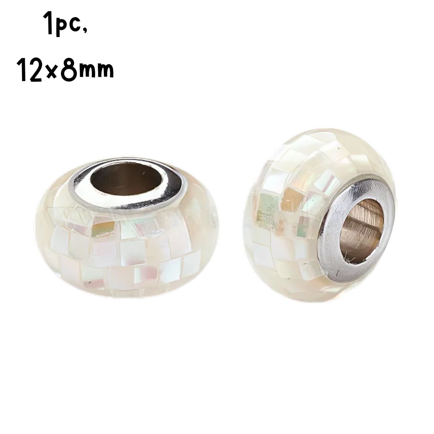 Stainless Steel Core Bead, 1pc, 12x8mm, Natural Shell On Resin, Hole 5mm, Fits Pandora And 5mm Cords, 2gms/0.07oz