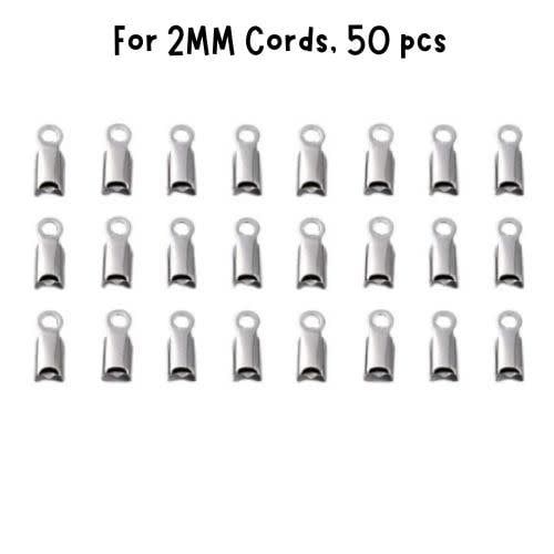 Stainless Steel Fold Over Cord Ends, 50pcs, For 2mm Cords, 11gms/0.39oz