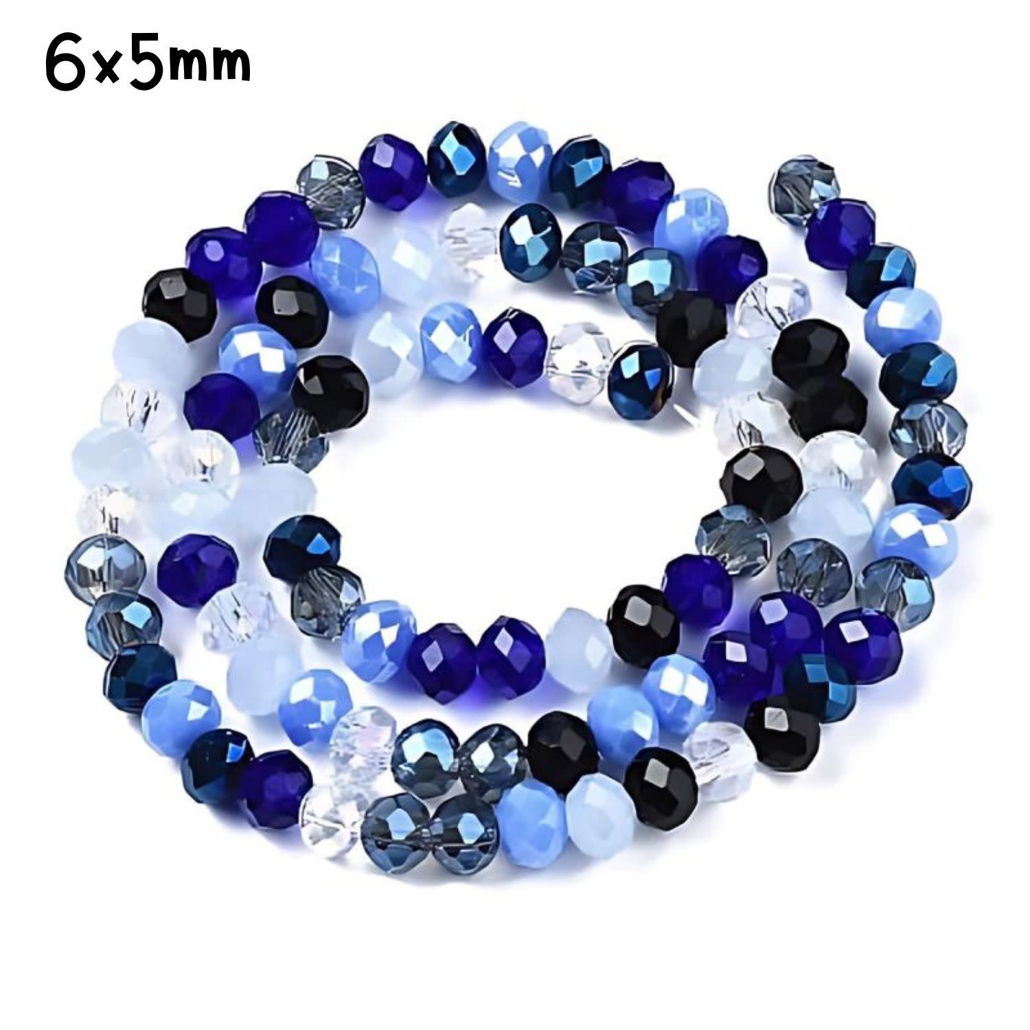 6x5mm Faceted Rondelles, Approx 90pcs, 16&quot; Strand, Mixed Blue Tones, Hole 1mm, Glass Beads, 18gms/0.64oz
