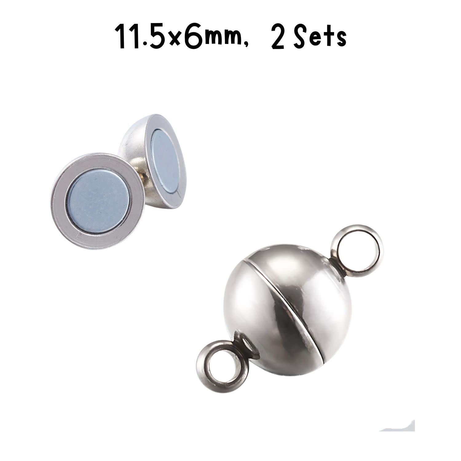 Stainless Steel  Magnetic Round Clasps, 2 Sets, 11.5x6mm, Hole 2mm, 4gms/0.14oz