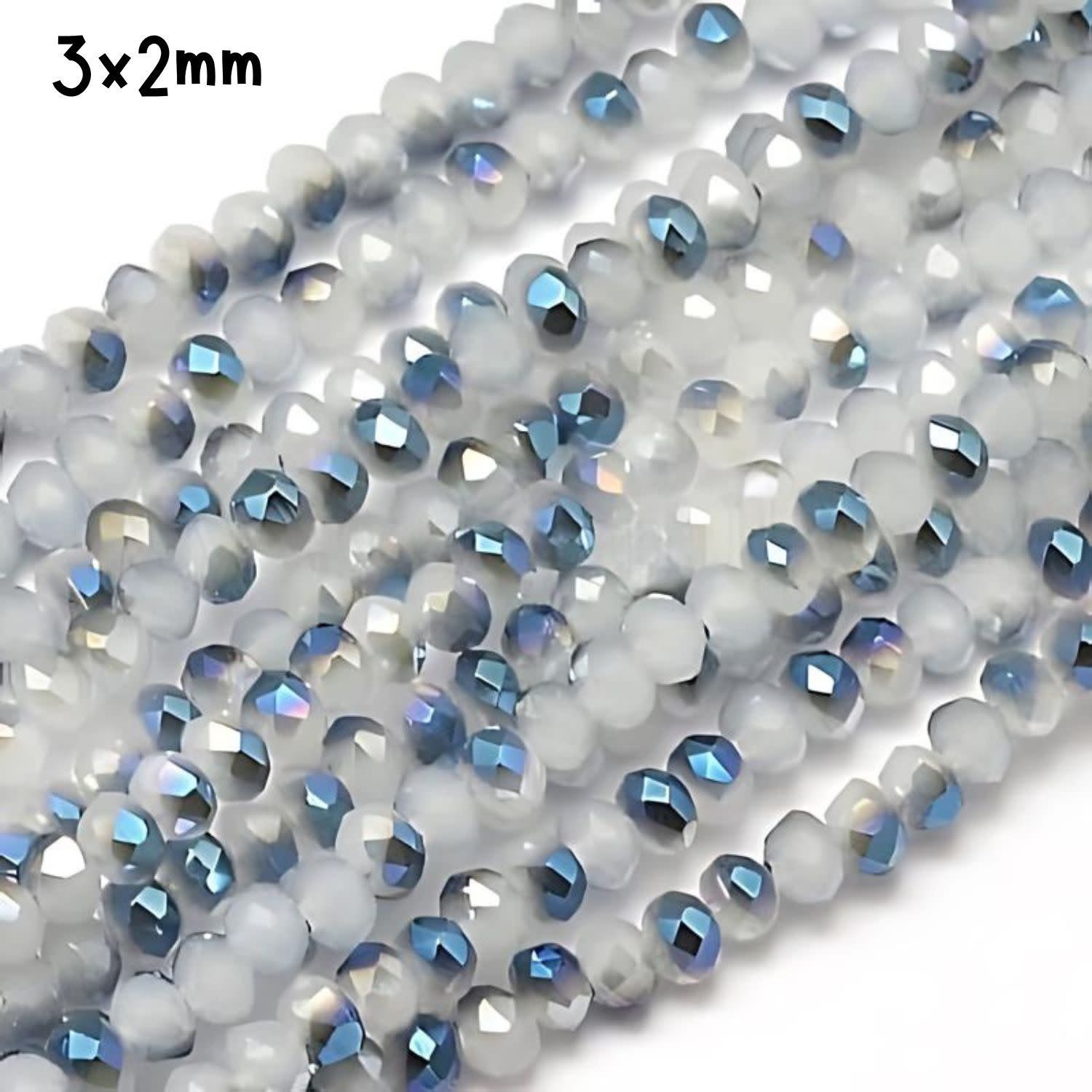 3x2mm Faceted Rondelles, Approx 148pcs, 14&quot; Strand, White Smoke Blue Half Plated, Hole 0.5mm, Glass Beads, 8gms/0.28oz