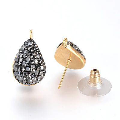 GP Stainless Steel Teardrop Stud Earrings, 2pcs, 18.5x11mm, Jet/Black Rhinestones In Polymer Clay, w/2mm Loops, Pin: 0.5mm, 5gms/0.18oz