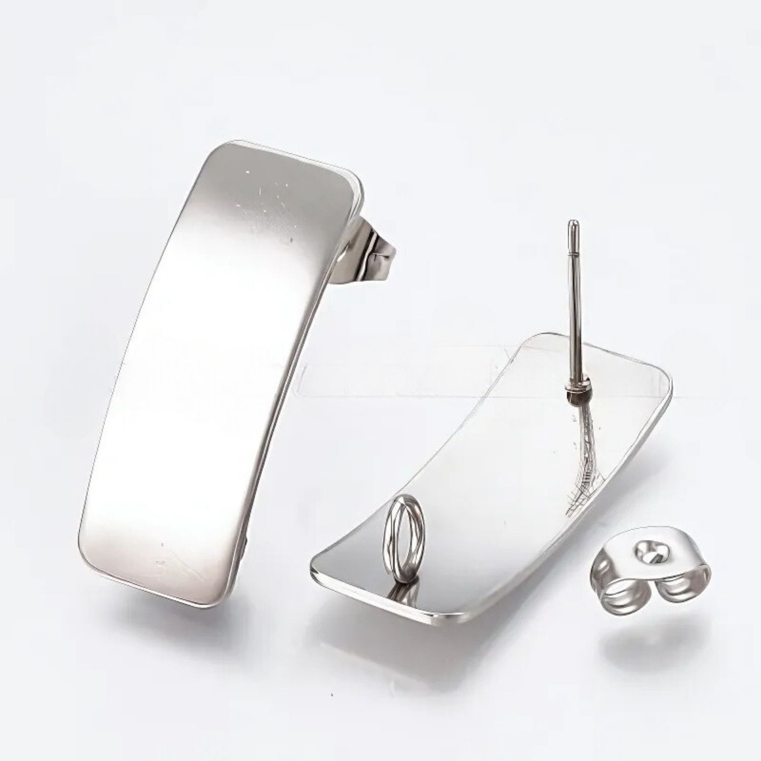 Stainless Steel Curved Rectangle Stud Earrings, 10 Earrings, 10 Backs, 26x10mm, w/2mm Loop, Pin: 0.8mm, 16gms/0.56oz
