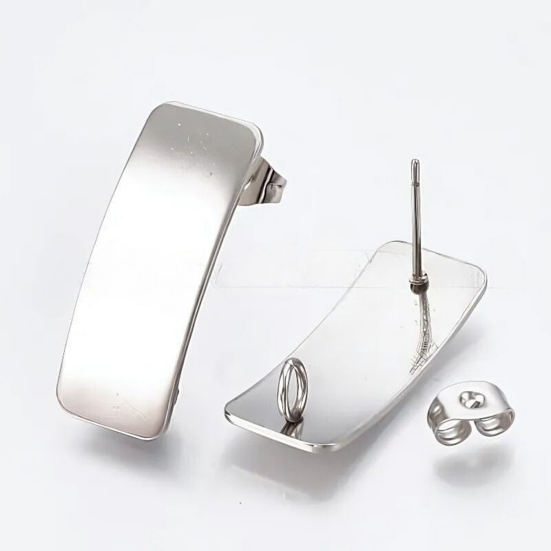 Stainless Steel Curved Rectangle Stud Earrings, 10 Earrings, 10 Backs, 26x10mm, w/2mm Loop, Pin: 0.8mm, 16gms/0.56oz