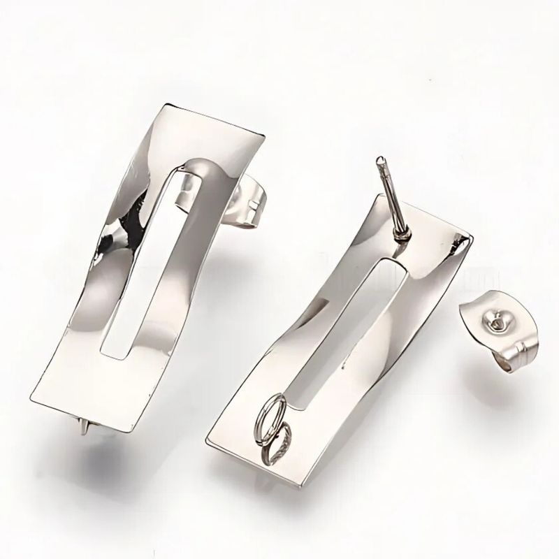 Stainless Steel Wavy Rectangle Stud Earrings, 4 Earrings, 4 Backs, 24.5x8mm, w/2.5mm Loop, Pin: 0.7mm, 13gms/0.46oz