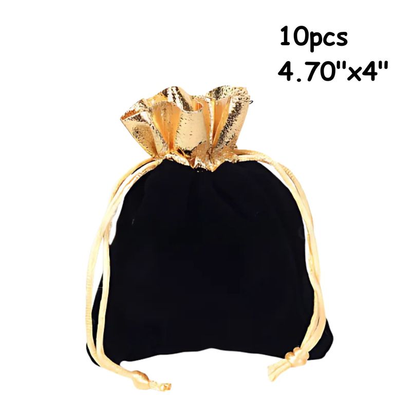 4.70&#39;&#39;x4&#39;&#39; Drawstring Pouches/Bags, 10pcs, Black Velvet w/Gold Trim, 95gms/3.35oz