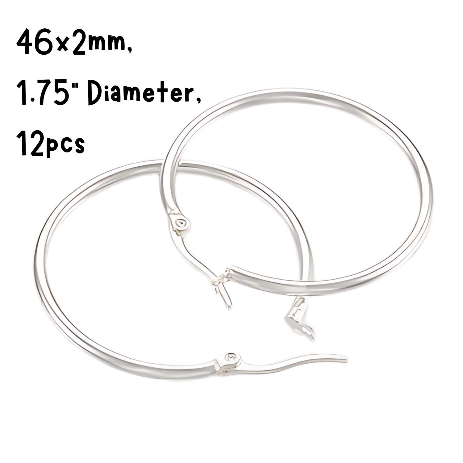 46mm SP Stainless Steel Earring Hoops, 12pcs, 46x2mm, 12 Guage, Ear Post 1x0.8mm, 43gms/1.52oz