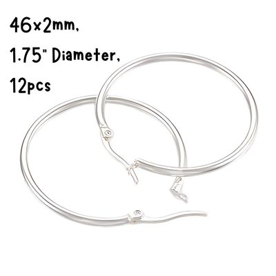 46mm SP Stainless Steel Earring Hoops, 12pcs, 46x2mm, 12 Guage, Ear Post 1x0.8mm, 43gms/1.52oz