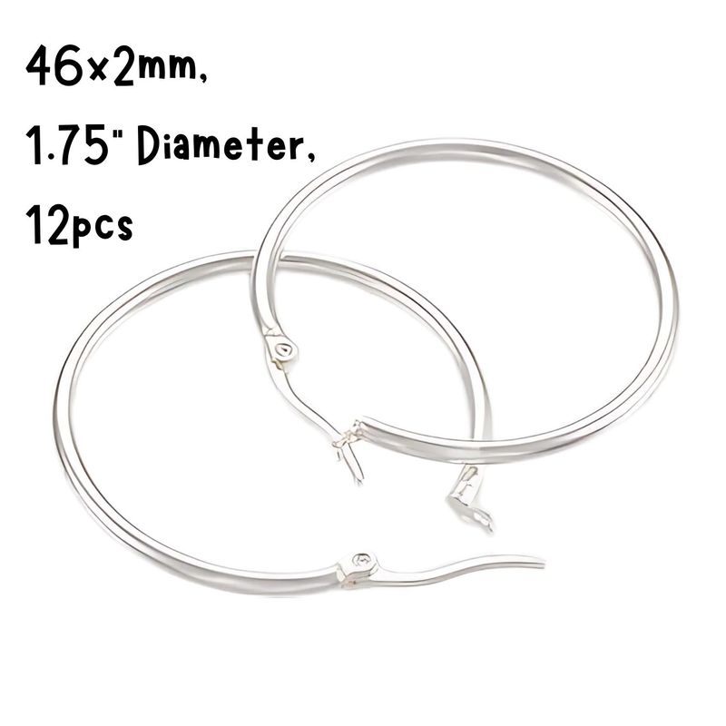 46mm SP Stainless Steel Earring Hoops, 12pcs, 46x2mm, 12 Guage, Ear Post 1x0.8mm, 43gms/1.52oz