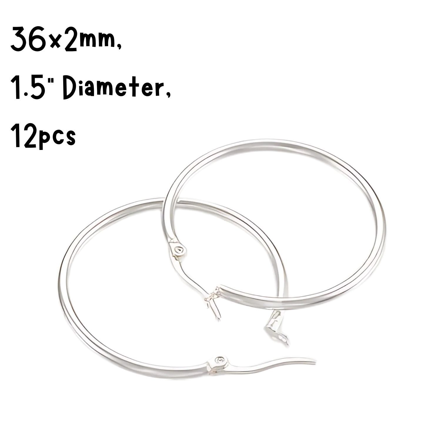 36mm SP Stainless Steel Earring Hoops, 12pcs, 36x2mm, 12 Guage, Ear Post 1x0.8mm, 33gms/1.16oz