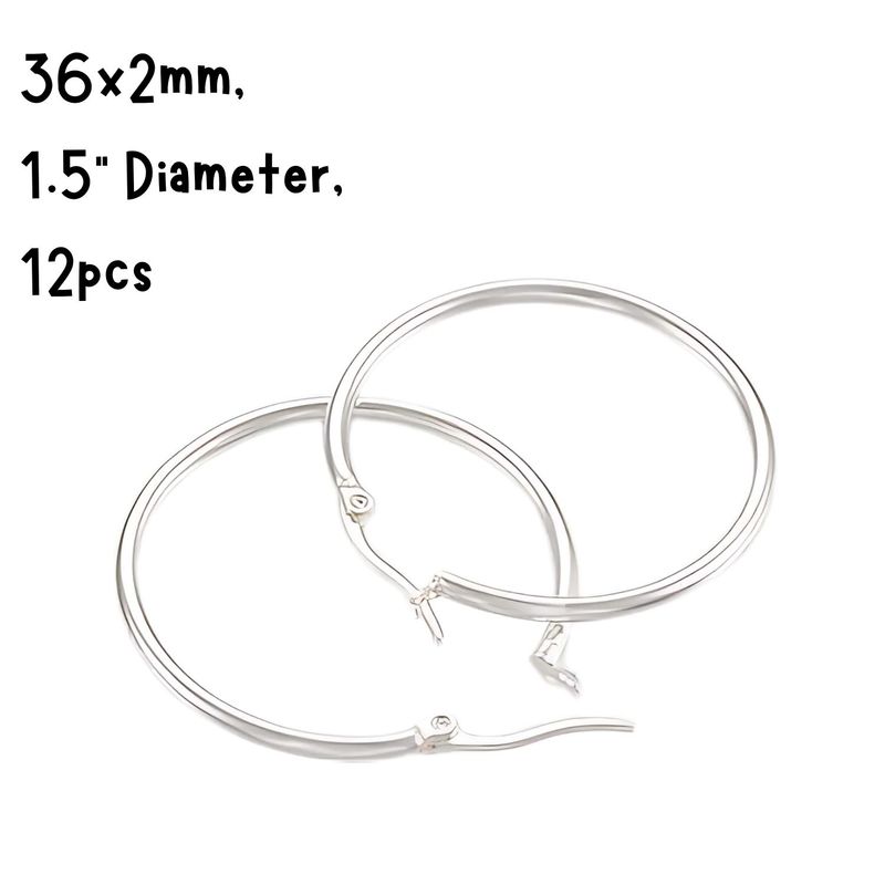 36mm SP Stainless Steel Earring Hoops, 12pcs, 36x2mm, 12 Guage, Ear Post 1x0.8mm, 33gms/1.16oz