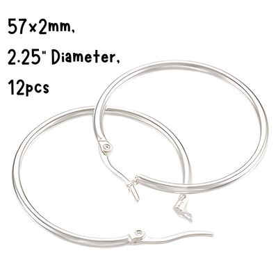 57mm SP Stainless Steel Earring Hoops, 12pcs, 57x2mm, 12 Guage, Ear Post 1x0.8mm, 55gms/1.94oz