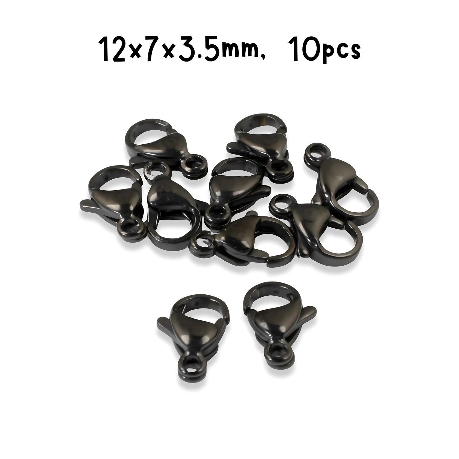 Black Plated Stainless Steel Lobster Claw Clasps, 10pcs, 12x7x3.5mm, Hole 1.5mm, 13gms/0.46oz