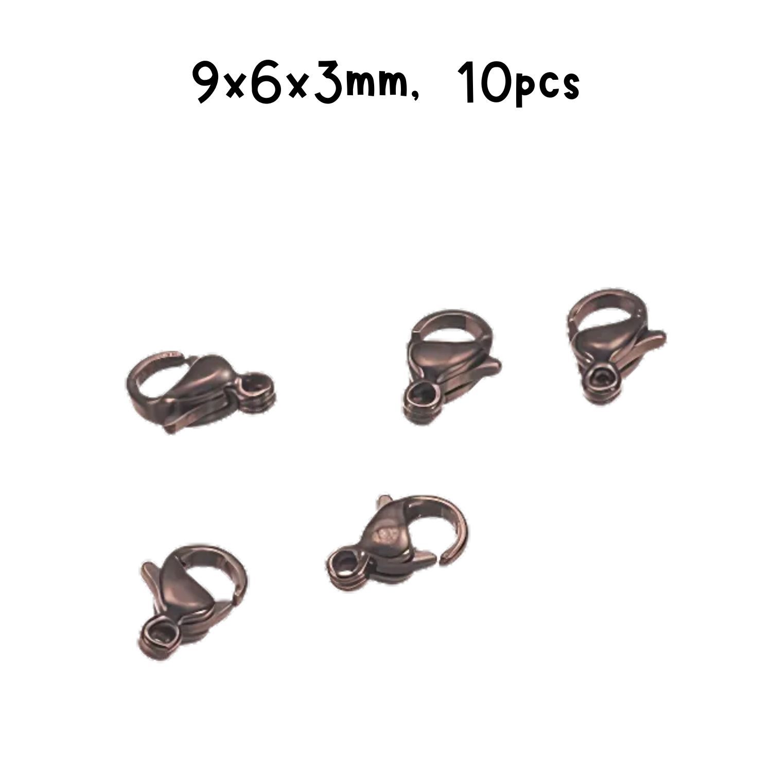Black Plated Stainless Steel Lobster Claw Clasps, 10pcs, 9x6x3mm, Hole 1mm, 4gms/0.14oz