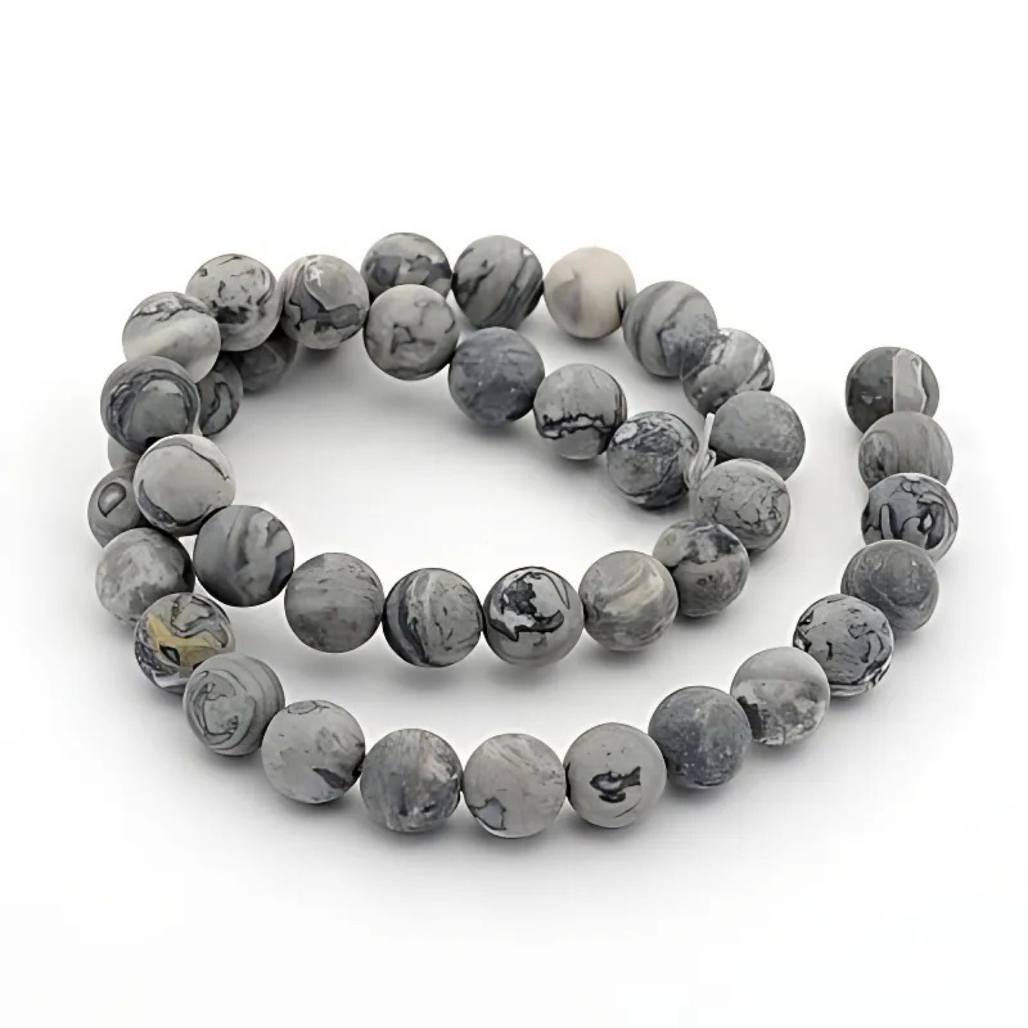 8mm Frosted Picasso Jasper, 7.5&#39;&#39; Strand, 24 Beads, Round, Natural, 1mm Hole, Grey Tones, Gemstones, 25gms/0.88oz
