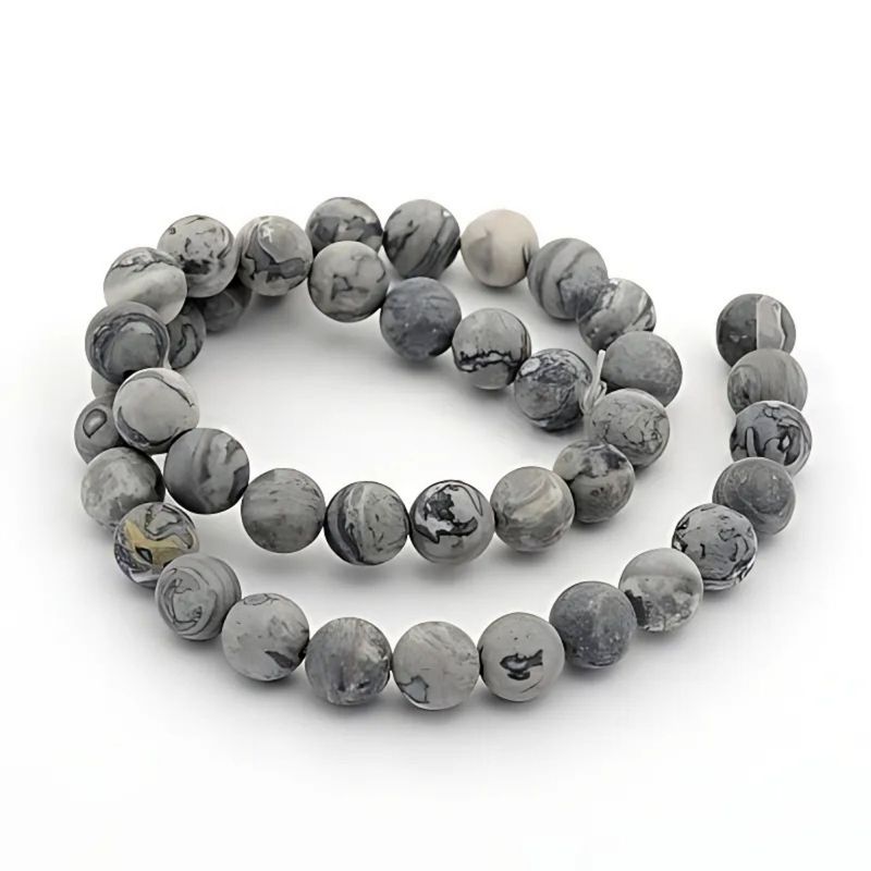 8mm Frosted Picasso Jasper, 7.5&#39;&#39; Strand, 24 Beads, Round, Natural, 1mm Hole, Grey Tones, Gemstones, 25gms/0.88oz