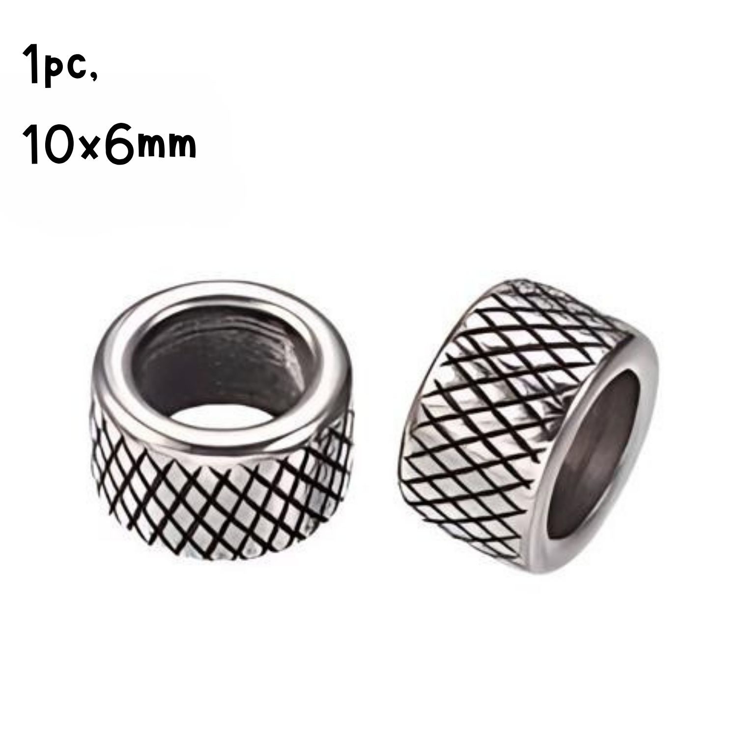 Stainless Steel Diamond Etched Beads, 1pc, 10x6.5mm, Cylinder, Hole 6mm, 3gms/0.11oz