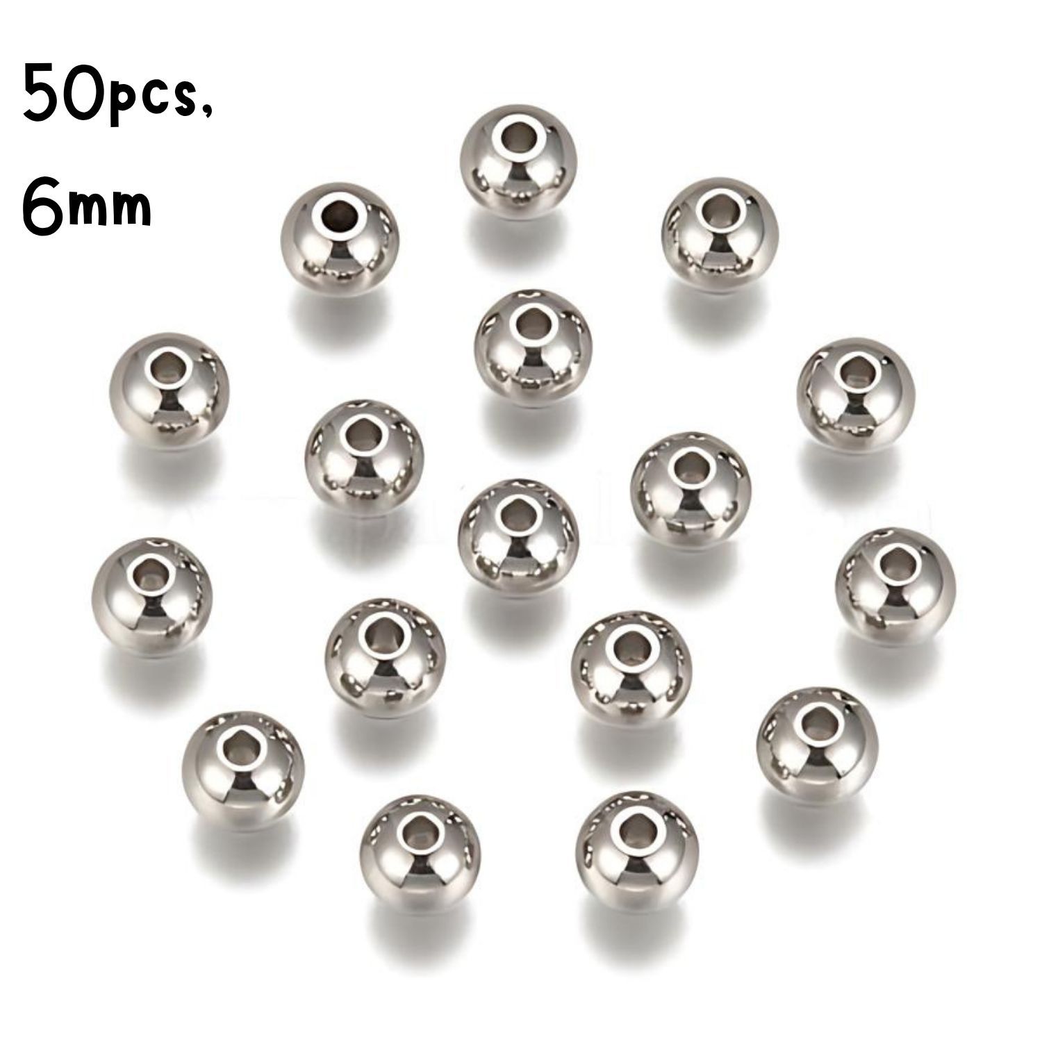 Stainless Steel Round Beads, 50pcs, 6mm, Hole 1mm, 35gms/1.24oz