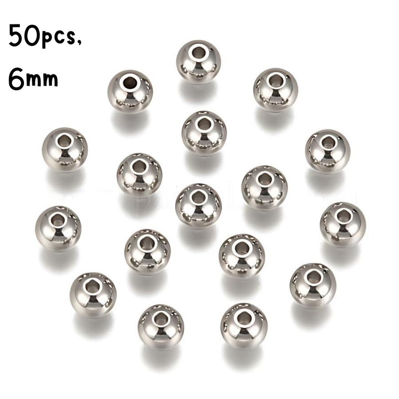 Stainless Steel Round Beads, 50pcs, 6mm, Hole 1mm, 35gms/1.24oz