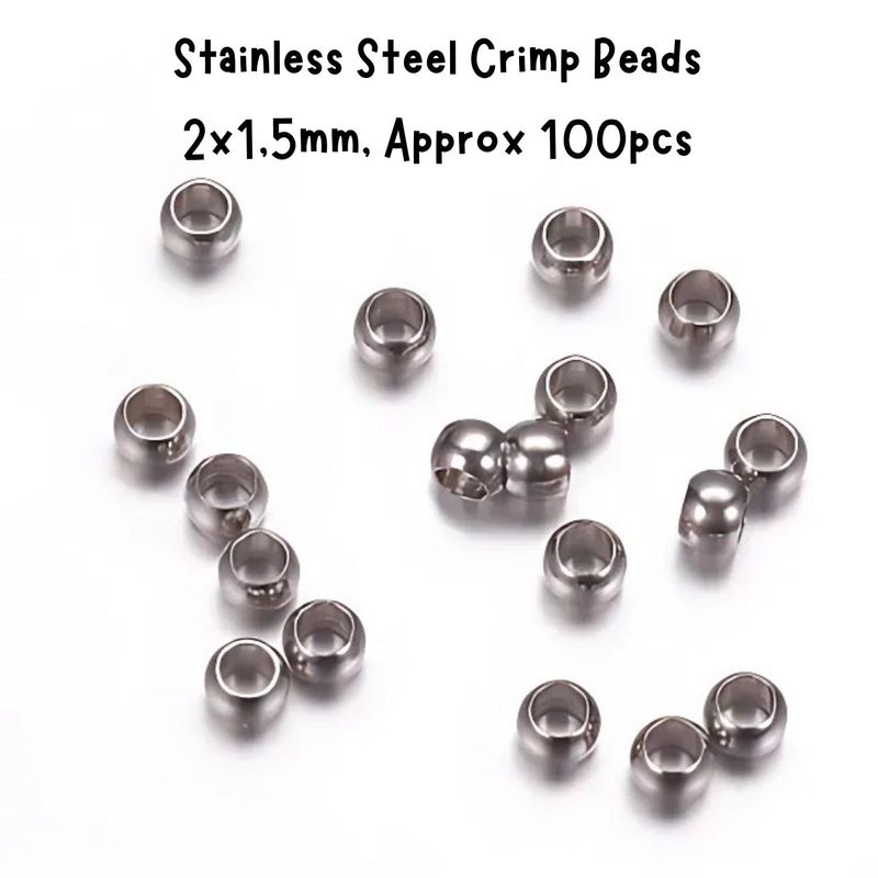 Stainless Steel Crimp Beads, Approx 100pcs, 2x1.5mm, Hole 1mm, 2gms/0.07oz