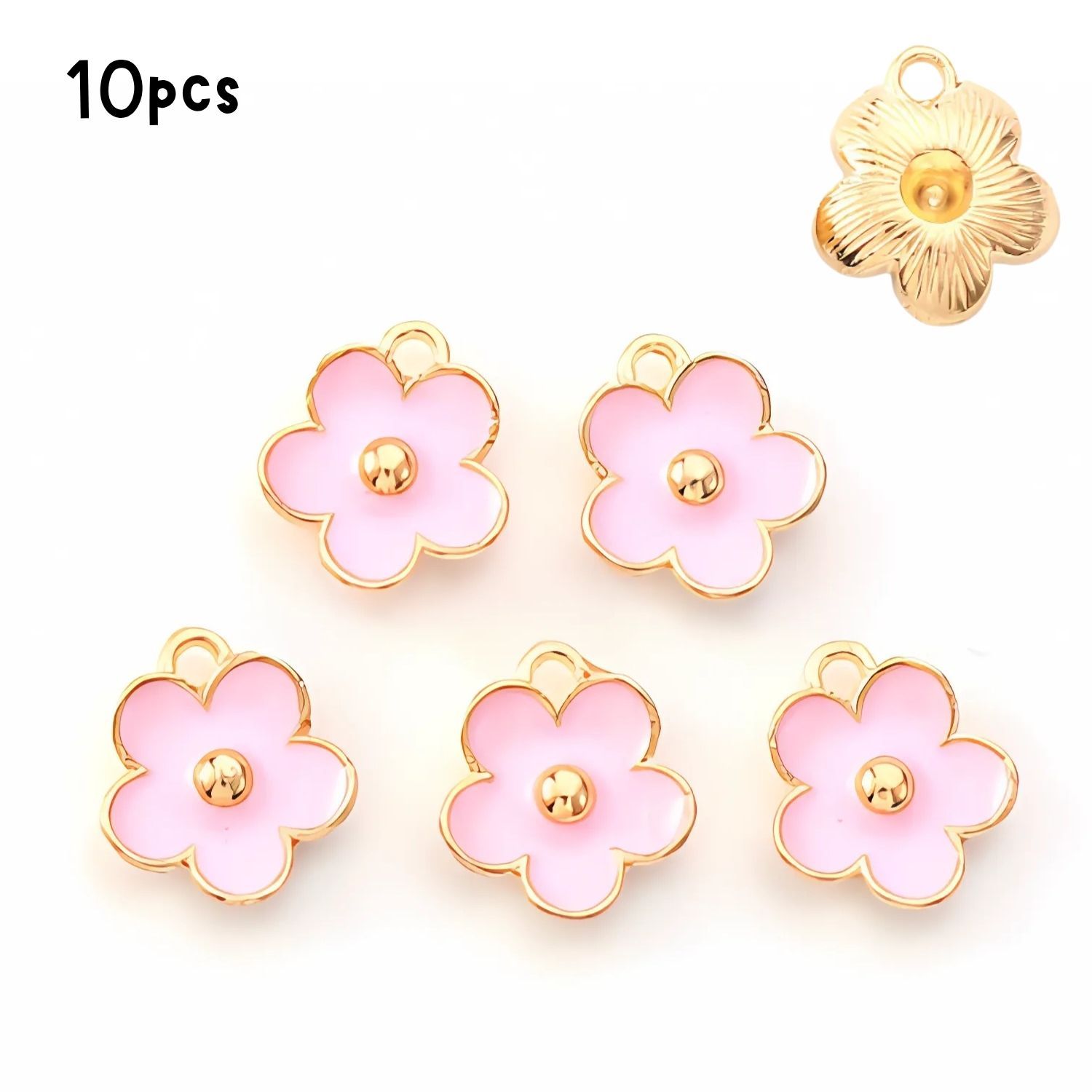 Flower Pendants, Pearl Pink, Gold &amp; Enamel Plated, 10pcs, 13x11.5x3mm, Hole: 1.6mm, 6gms/0.21oz