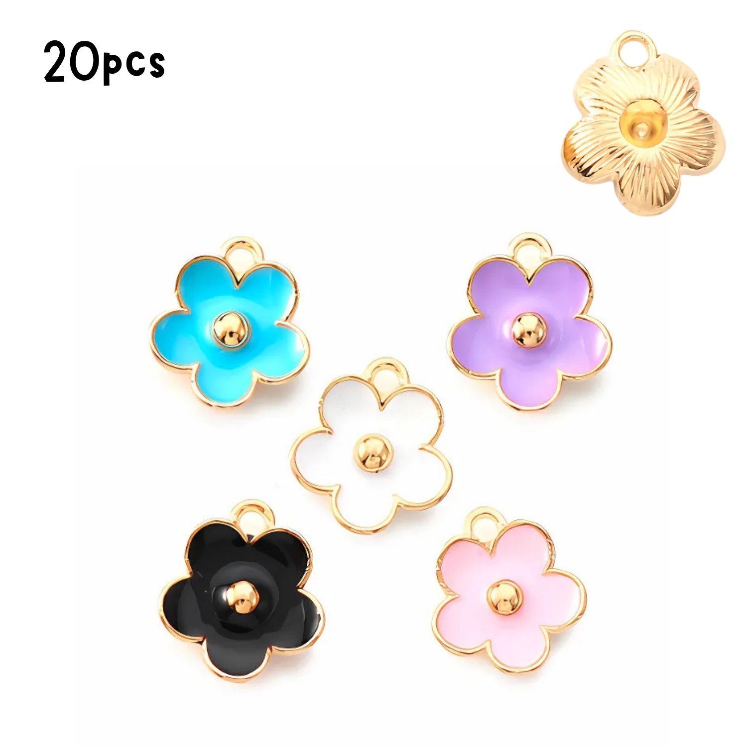 Flower Pendants, Mixed Colors, Gold &amp; Enamel Plated, 20pcs, 13x11.5x3mm, Hole: 1.6mm, 13gms/0.46oz