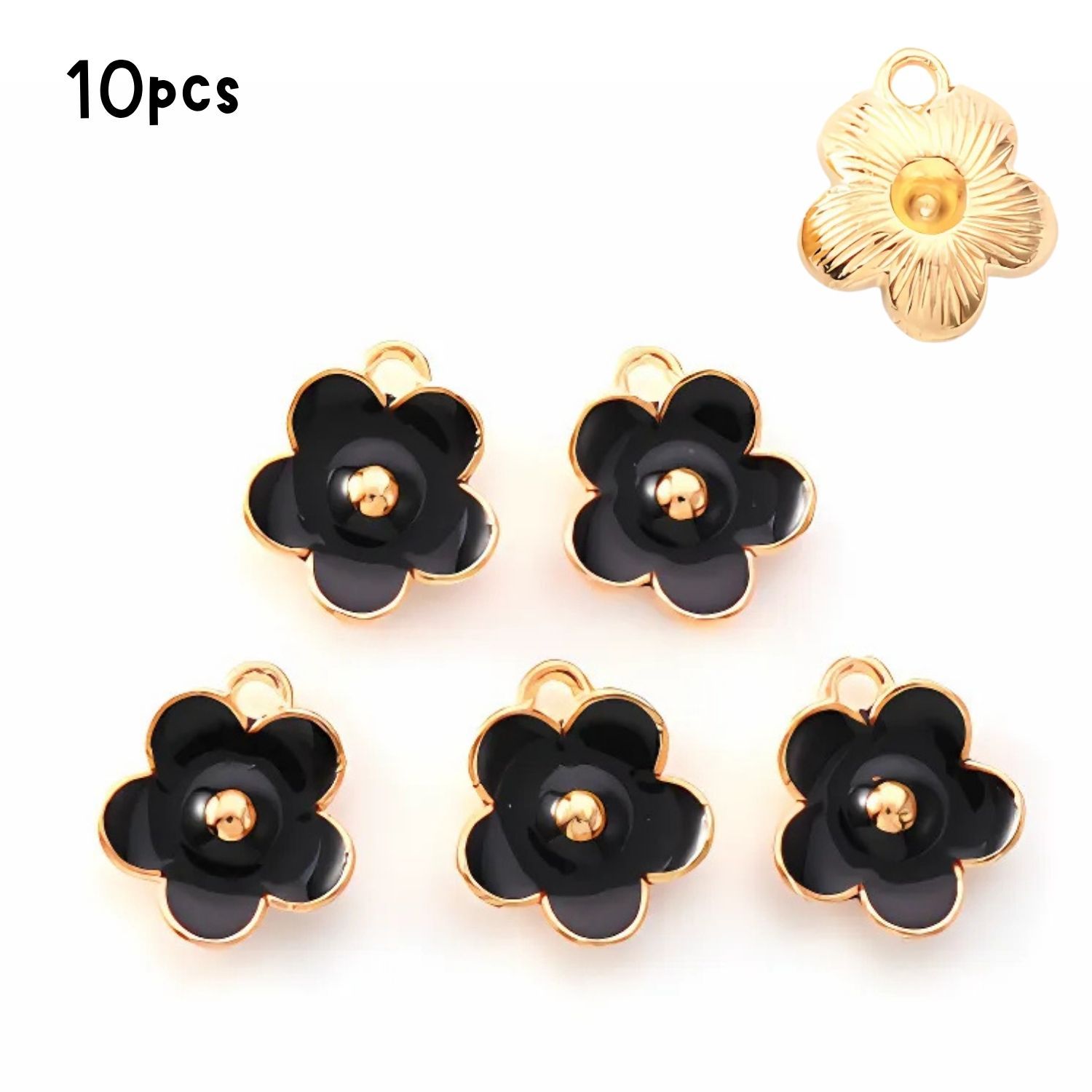 Flower Pendants, Black, Gold &amp; Enamel Plated, 10pcs, 13x11.5x3mm, Hole: 1.6mm, 6gms/0.21oz
