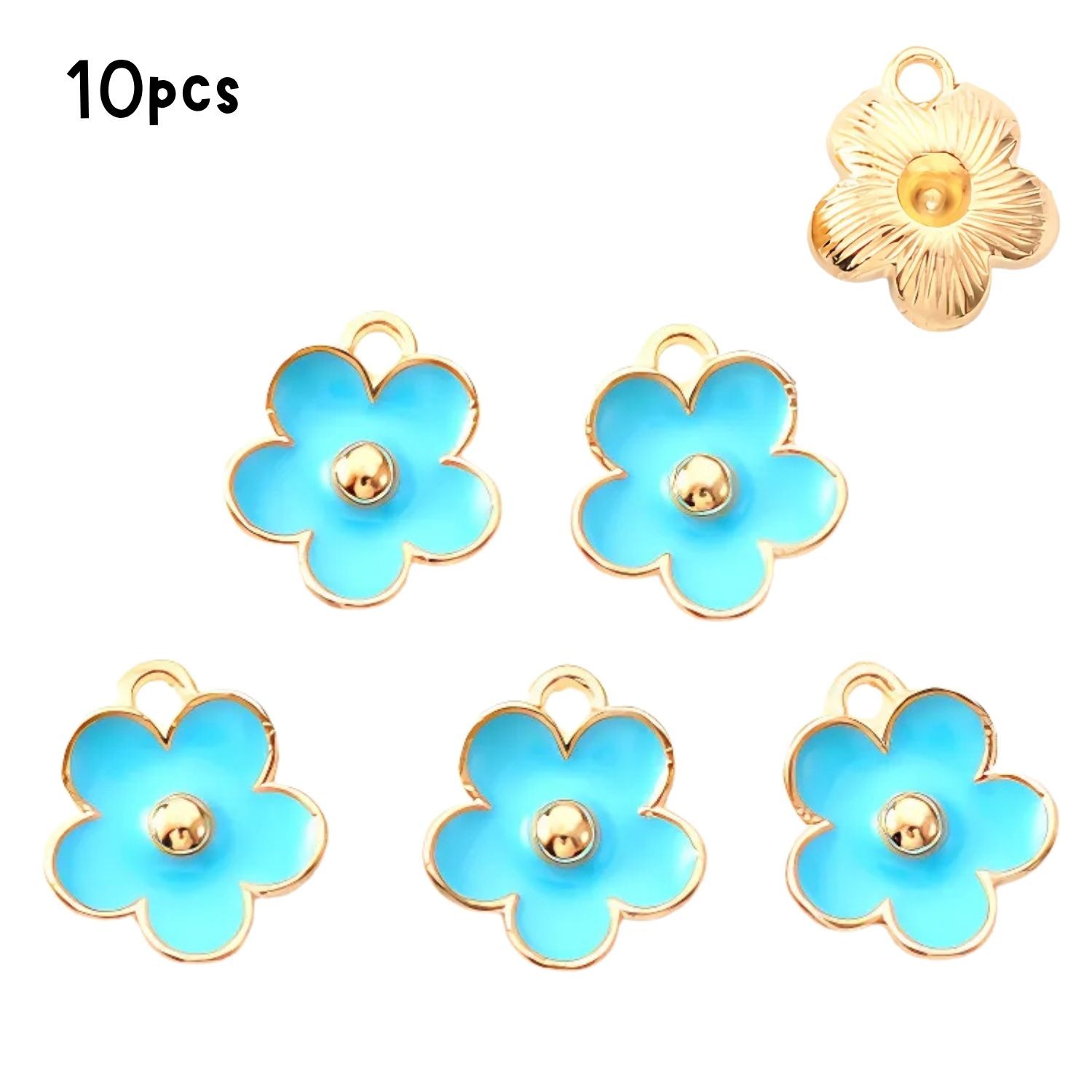 Flower Pendants, Blue Turquoise, Gold &amp; Enamel Plated, 10pcs, 13x11.5x3mm, Hole: 1.6mm, 6gms/0.21oz