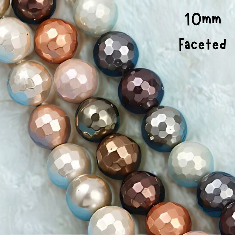 10mm Shell Pearls Faceted Round, Approx 41pcs, 16&quot; Strand, Mixed Color, Grade A, Hole 1mm, 50gms/1.76oz
