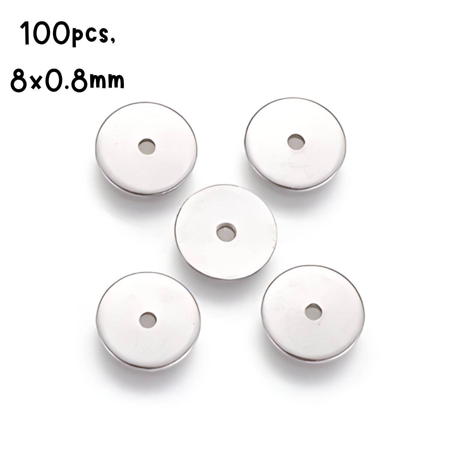 Stainless Steel Disc Beads, 100pcs, 8x0.8mm, Hole 1.2mm, 29gms/1.02oz