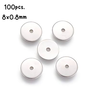 Stainless Steel Disc Beads, 100pcs, 8x0.8mm, Hole 1.2mm, Metal Beads, 29gms/1.02oz
