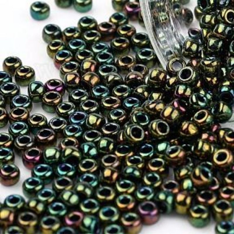 #8 Toho Seed Beads, Higher Metallic Iris Green, 3x3mm, 10 Grams/0.38oz