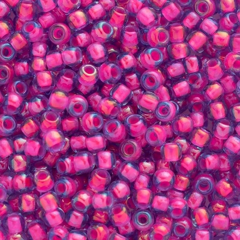 #8 Toho Seed Beads, Luminous Light Sapphire Neon Pink Lined, 3x3mm, 10 Grams/0.38oz
