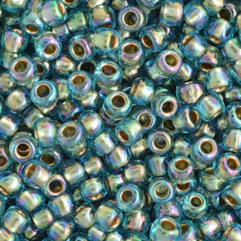 #8 Toho Seed Beads, Gold Lined Rainbow Aqua, 3x3mm, 10 Grams/0.38oz
