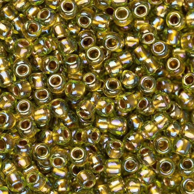 #8 Toho Seed Beads, Gold Lined Rainbow Peridot, 3x3mm, 10 Grams/0.38oz