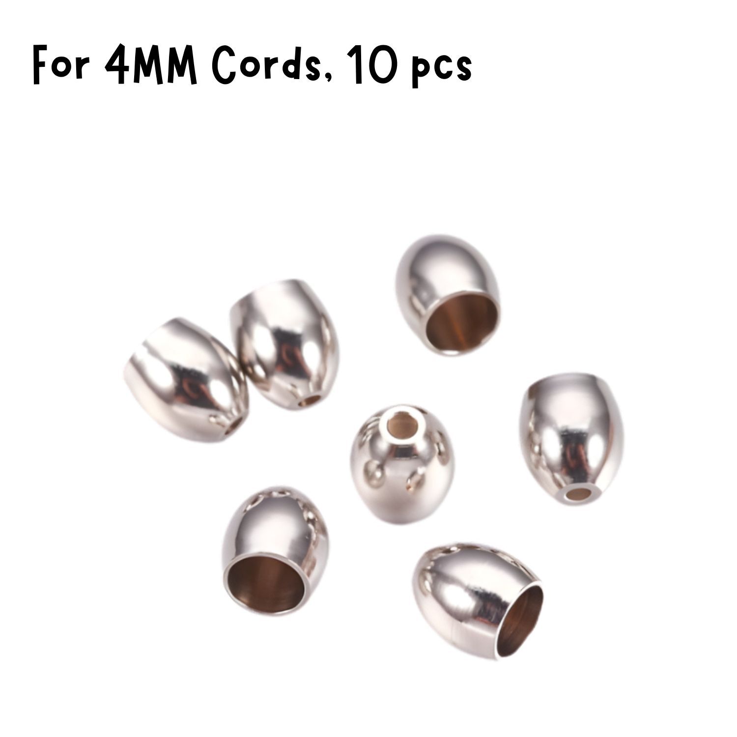Stainless Steel Glue In Cord Ends, 10pcs, 6.5x6mm, ID 4mm, Hole 1.1mm, For 4mm Cords, 6gms/0.21oz