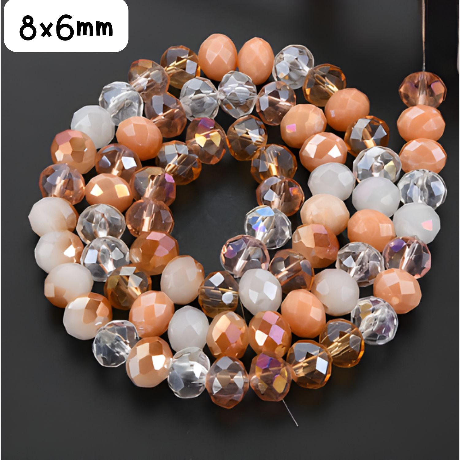 8x6mm Faceted Rondelles, Approx 65pcs, 16&quot; Strand, Mixed Pink Salmon Tones Plated AB, Hole 1mm, Glass Beads, 29gms/1.02oz