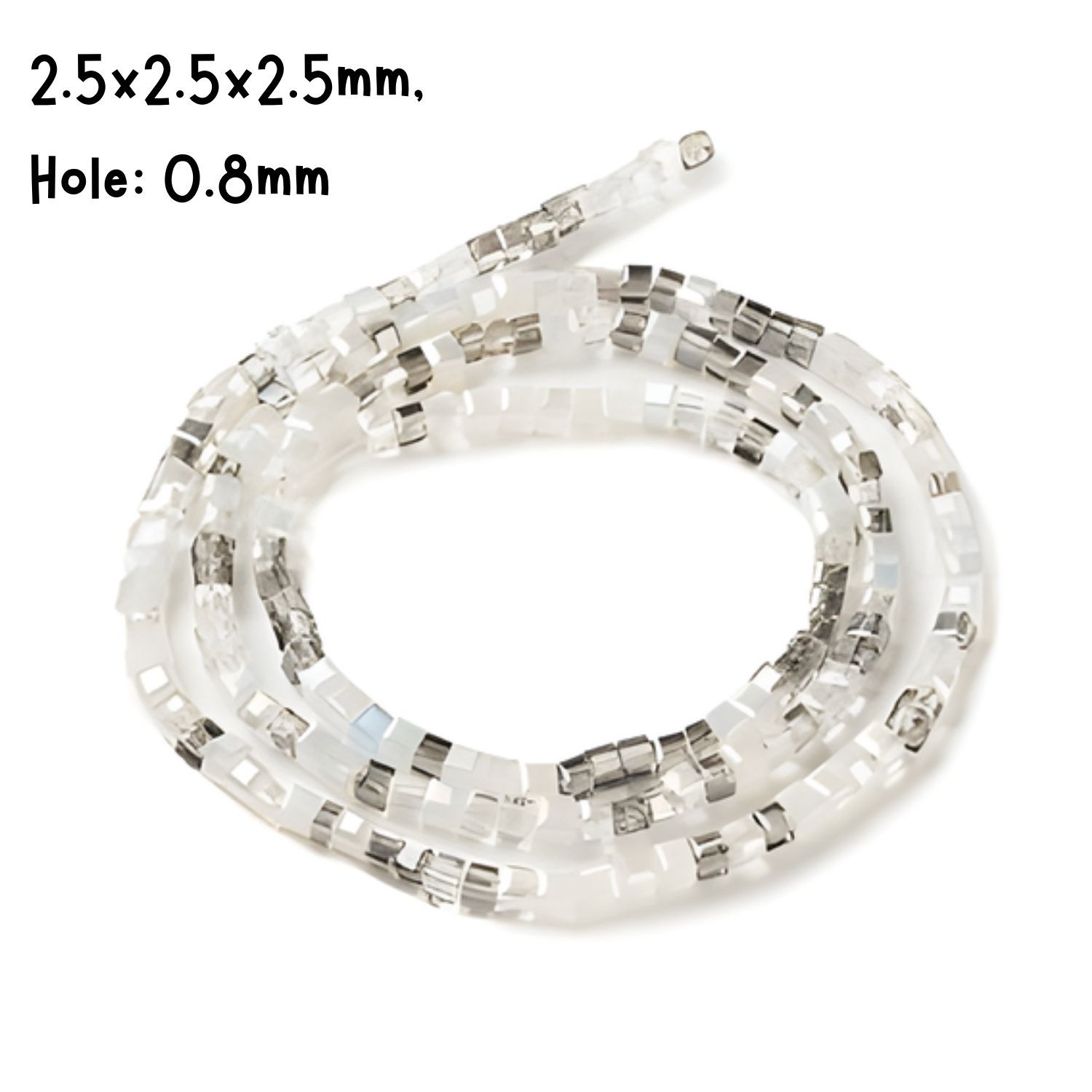 2.5x2.5x2.5mm Faceted Cubes, 19&quot; Strand, Approx 180pcs Per Strand, Mixed Colors, White &amp; Grays, Hole 0.8mm, Glass Beads, 7gms/0.25oz