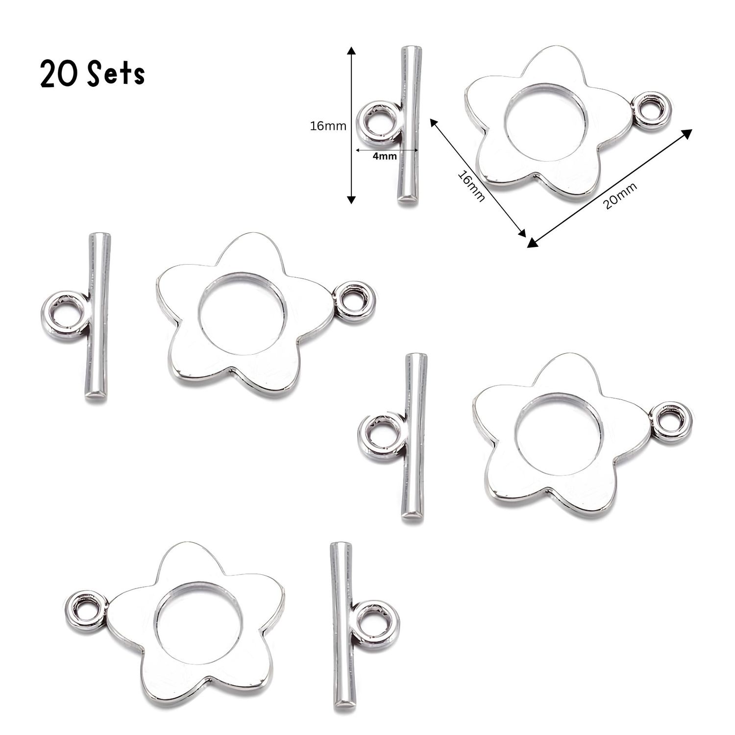 Pewter Flower Toggles, Clasps, 20 Sets, Rings 20x16mm, ID 8mm, Bars 16x4mm, 0.88oz