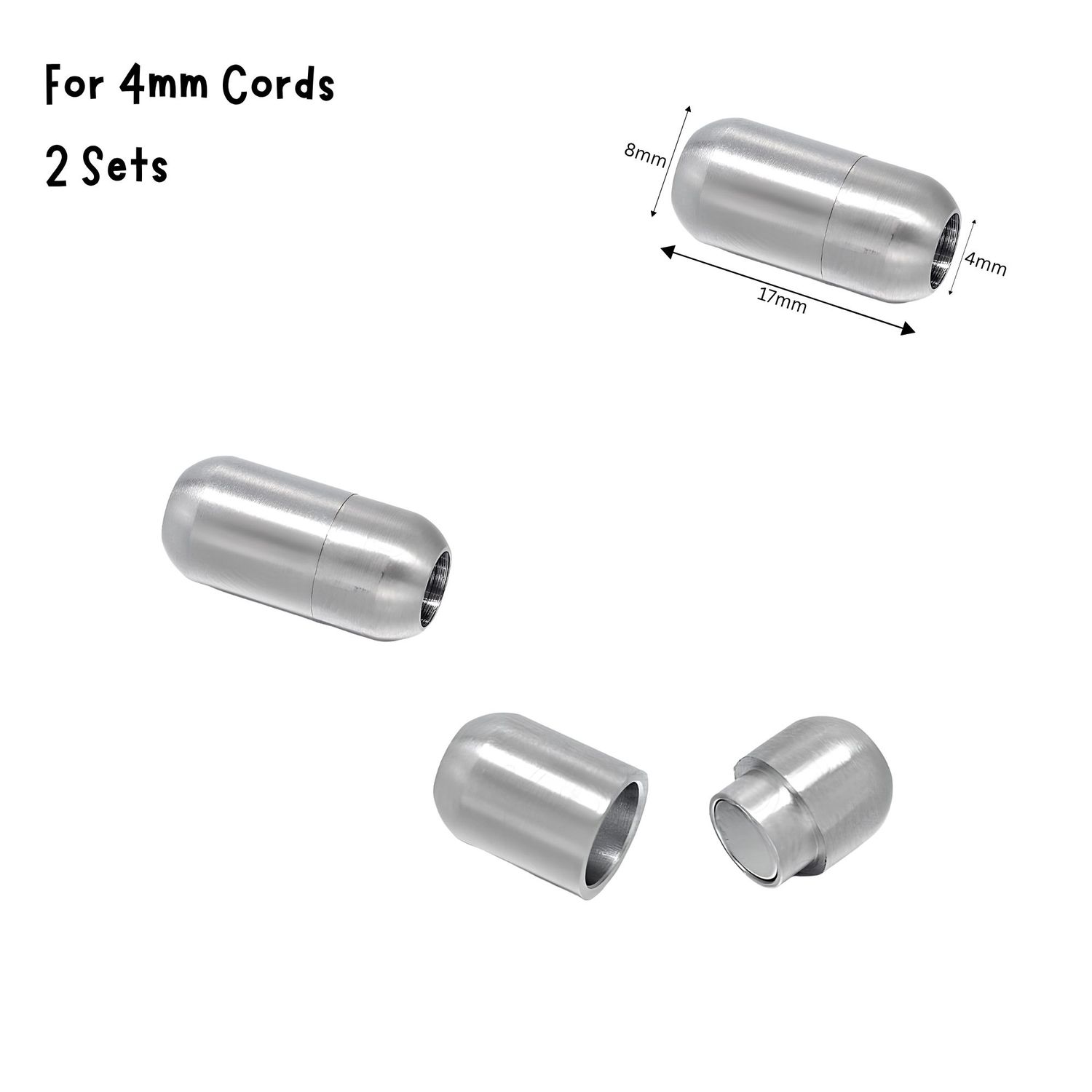 Matte Stainless Steel Magnetic Bullet Clasps, 2 Sets, 17x8x8mm, For 4mm Cords, 0.35oz