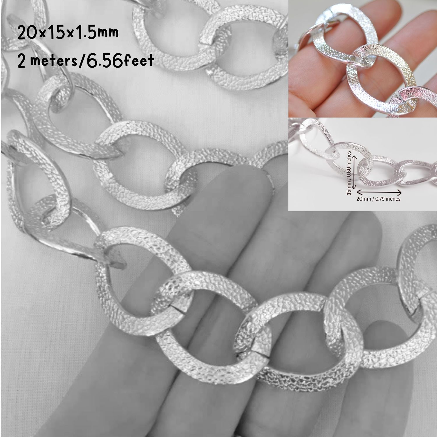 Aluminum Curb Chain, Silver, 20x15.5x1.5mm, 2 Meters/6.56 Feet, 3.25oz